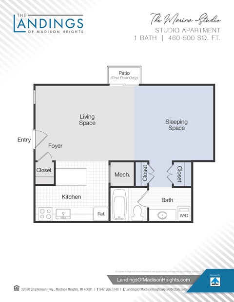 Floor plan for studio, 1 bath, 500 sqft